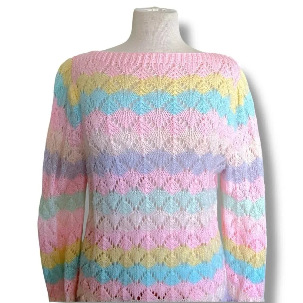Vintage 1970s Womens Hand Knit Sweater Sz Medium Pointelle Pastel Fairy Kei - Picture 2 of 7